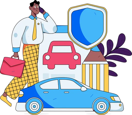 Homme d'affaires parlant d'assurance automobile sur mobile  Illustration