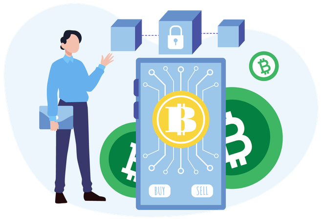 Un homme d'affaires parle de la crypto-monnaie Blockchain  Illustration
