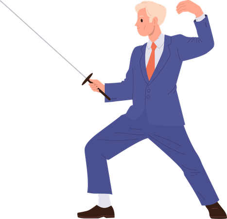 Personnage d'homme d'affaires avec une épée debout en position de combat  Illustration