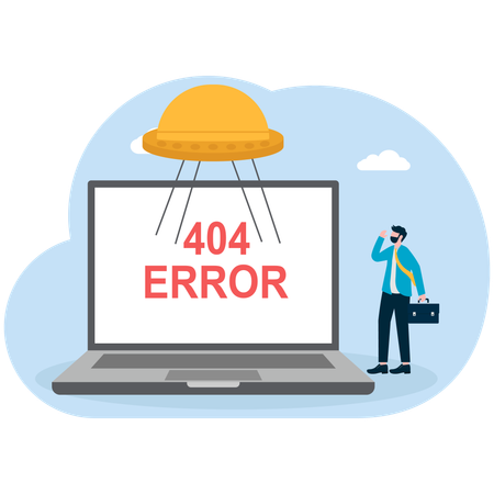 Un homme d'affaires cherche une erreur 404 sur la page Web de son ordinateur portable  Illustration