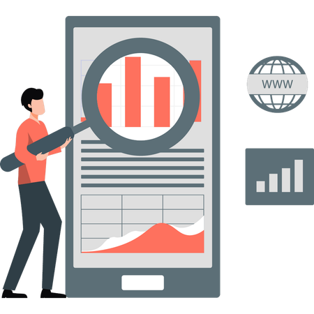 Homme d'affaires à la recherche d'une page d'analyse commerciale  Illustration