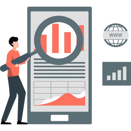 Homme d'affaires à la recherche d'une page d'analyse commerciale  Illustration