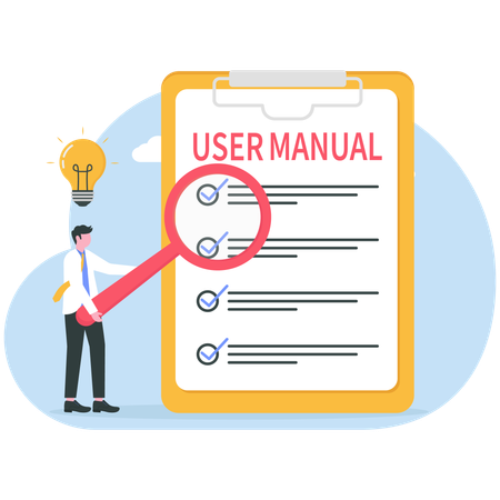 Un homme d'affaires recherche un manuel d'utilisation  Illustration
