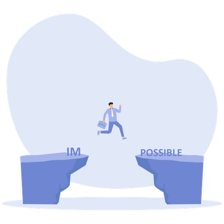 Un homme d'affaires sautant par-dessus une grosse tête et transformant l'impossible en concept possible  Illustration