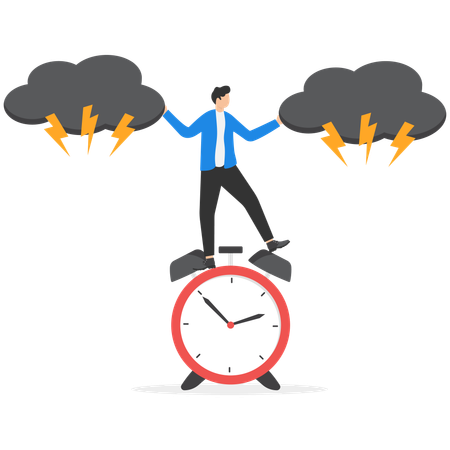 Un homme d'affaires se tient debout sur une horloge à pile et disperse les nuages sombres avec ses mains  Illustration