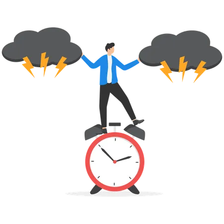 Un homme d'affaires se tient debout sur une horloge à pile et disperse les nuages sombres avec ses mains  Illustration