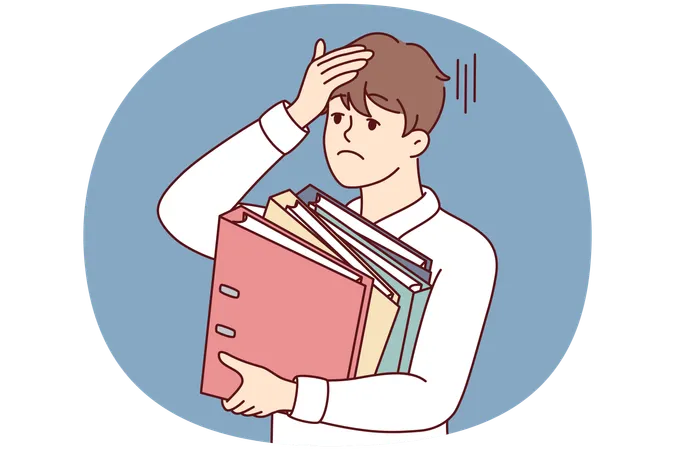 Un homme d'affaires stressé avec un dossier se sent surmené  Illustration