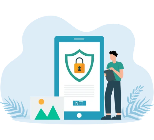 Homme d'affaires travaillant sur la sécurité NFT  Illustration
