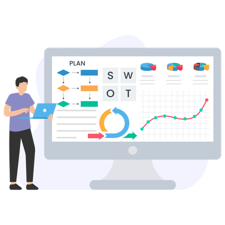 Homme d'affaires travaillant sur une analyse SWOT  Illustration