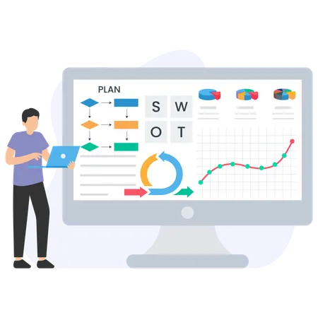 Homme d'affaires travaillant sur une analyse SWOT  Illustration