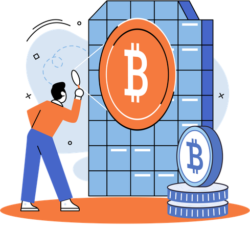 Un homme d'affaires travaille sur un graphique Bitcoin  Illustration