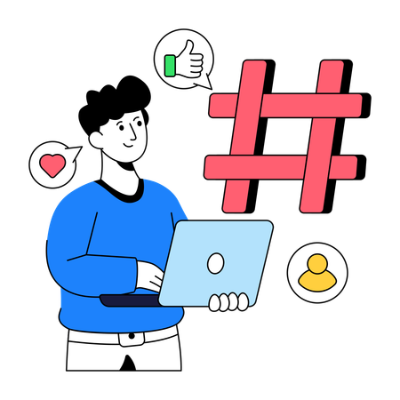 Un homme d'affaires travaille sur le hashtag des médias sociaux  Illustration