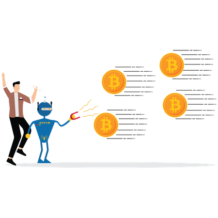 Un homme d'affaires utilise un robot IA pour gagner de l'argent grâce à la crypto-monnaie  Illustration