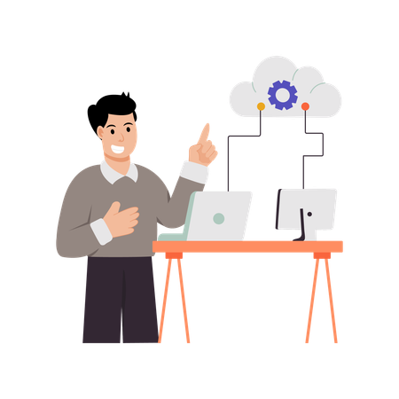 Homme d'affaires utilisant un réseau LAN Cloud  Illustration