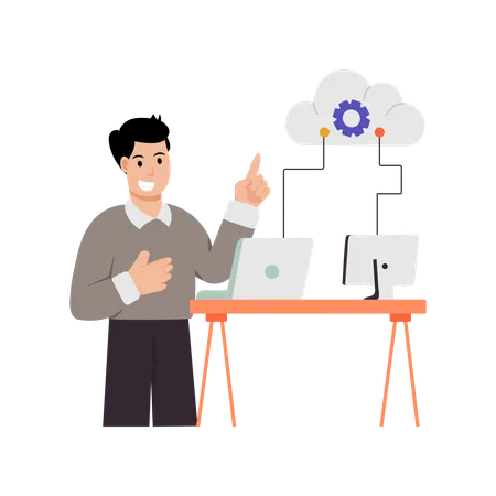 Homme d'affaires utilisant un réseau LAN Cloud  Illustration