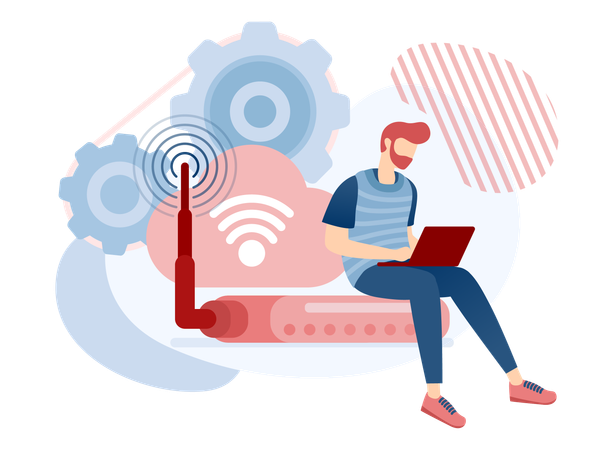 Homme d'affaires utilisant un réseau Wi-Fi pour travailler à distance  Illustration