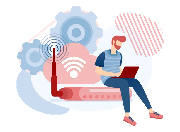 Homme d'affaires utilisant un réseau Wi-Fi pour travailler à distance  Illustration