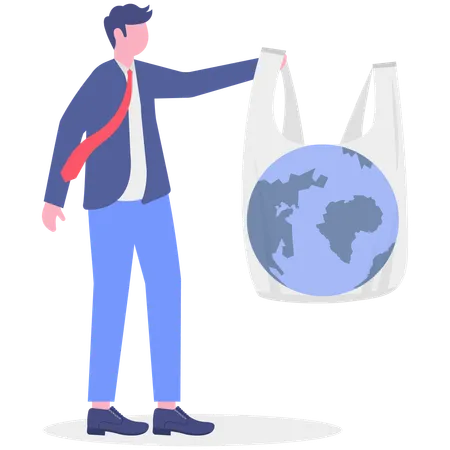 Un homme d'affaires utilise un sac en plastique pour sauver la planète  Illustration