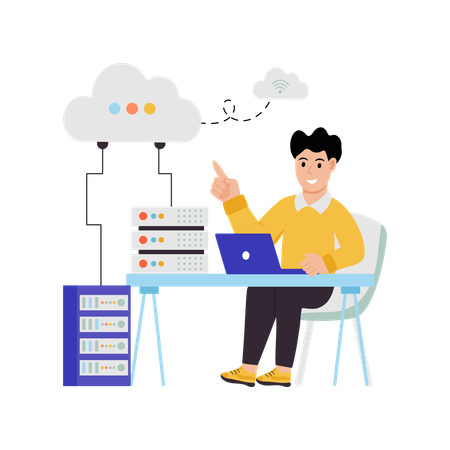 Homme d'affaires utilisant un serveur de données cloud  Illustration