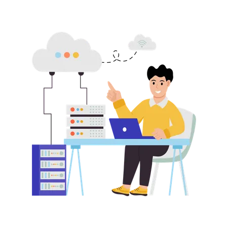 Homme d'affaires utilisant un serveur de données cloud  Illustration