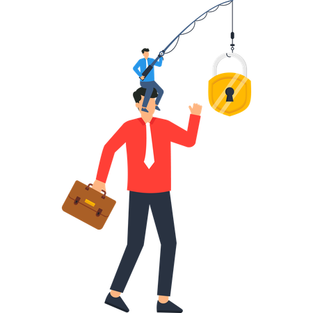 Un homme d'affaires à la recherche d'opportunités à la recherche d'un cadenas en or  Illustration