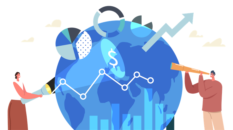 Homme d'affaires à la recherche d'une opportunité d'investissement mondiale chez Globe  Illustration