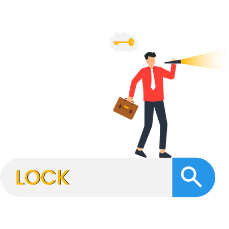 Homme d'affaires à la recherche d'une solution clé à l'aide d'une loupe  Illustration