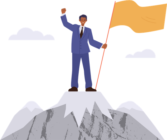 Homme d'affaires prospère debout au sommet d'une montagne avec un drapeau  Illustration