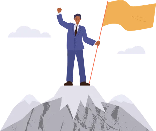 Homme d'affaires prospère debout au sommet d'une montagne avec un drapeau  Illustration