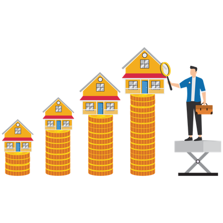 Homme d'affaires analysant des maisons de différentes hauteurs  Illustration