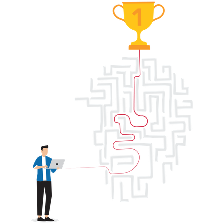 Homme d'affaires analysant un labyrinthe avec différents chemins de carrière menant à différents points de réussite  Illustration