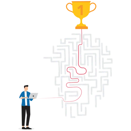 Homme d'affaires analysant un labyrinthe avec différents chemins de carrière menant à différents points de réussite  Illustration