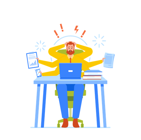 Homme d'affaires anxieux avec de nombreux bras assis devant un ordinateur portable au bureau, effectuant de nombreuses tâches en même temps, compétences multitâches  Illustration