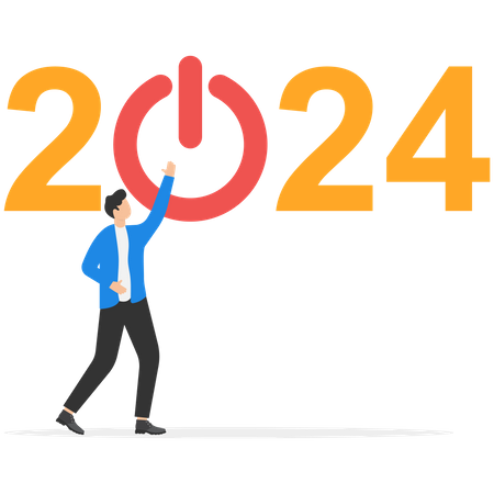 Homme d'affaires appuyant sur le bouton de démarrage pour démarrer une nouvelle entreprise en 2023  Illustration