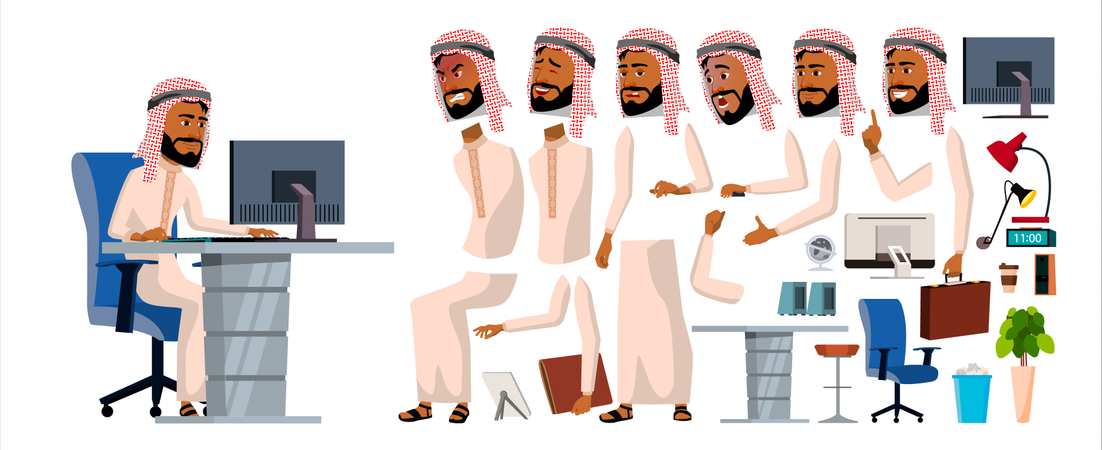 Homme d'affaires arabe, différentes parties du corps utilisées dans l'animation  Illustration