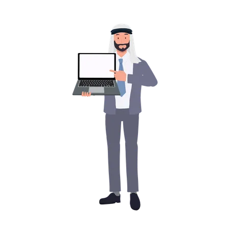 Homme d'affaires arabe donnant une présentation avec un ordinateur portable  Illustration