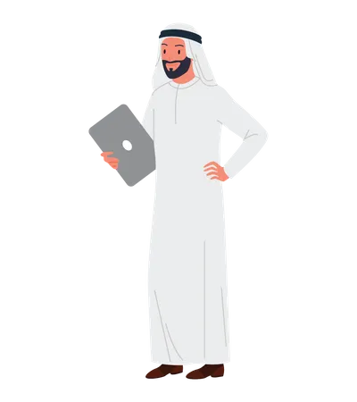 Homme d'affaires arabe tenant un ordinateur portable  Illustration