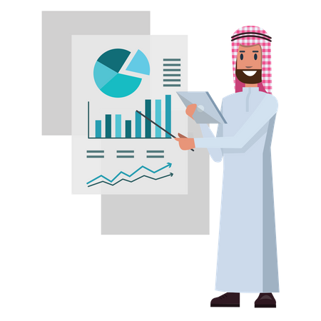 Homme d'affaires arabe présentant un graphique  Illustration