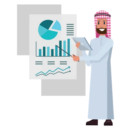 Homme d'affaires arabe présentant un graphique  Illustration