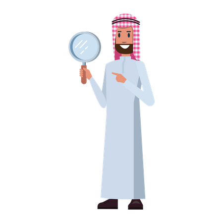 Homme d'affaires arabe tenant une loupe  Illustration