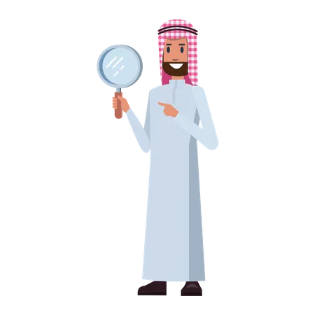 Homme d'affaires arabe tenant une loupe  Illustration