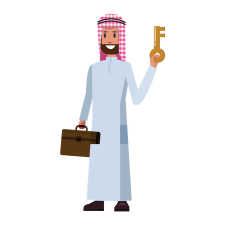 Homme d'affaires arabe tenant la clé et la valise  Illustration