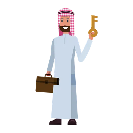 Homme d'affaires arabe tenant la clé et la valise  Illustration