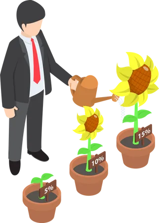 Homme d'affaires arrosant différentes tailles de plantes à fleurs  Illustration