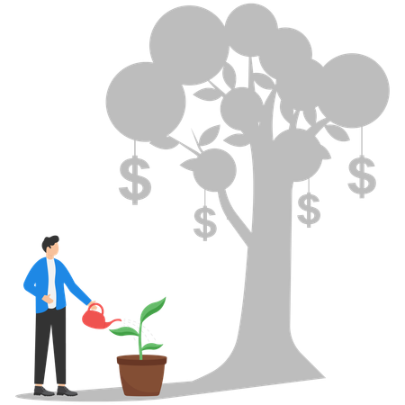 Homme d'affaires arrosant un arbre à argent avec un arbre de croissance ombragé  Illustration