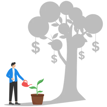 Homme d'affaires arrosant un arbre à argent avec un arbre de croissance ombragé  Illustration