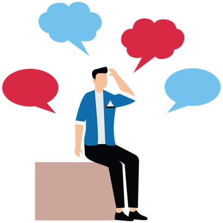 Homme d'affaires assis entouré de bulles de discussion  Illustration