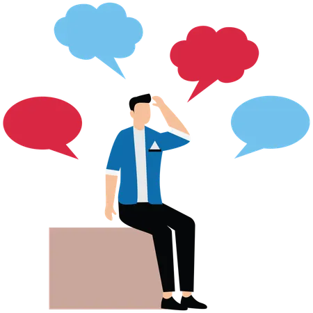 Homme d'affaires assis entouré de bulles de discussion  Illustration