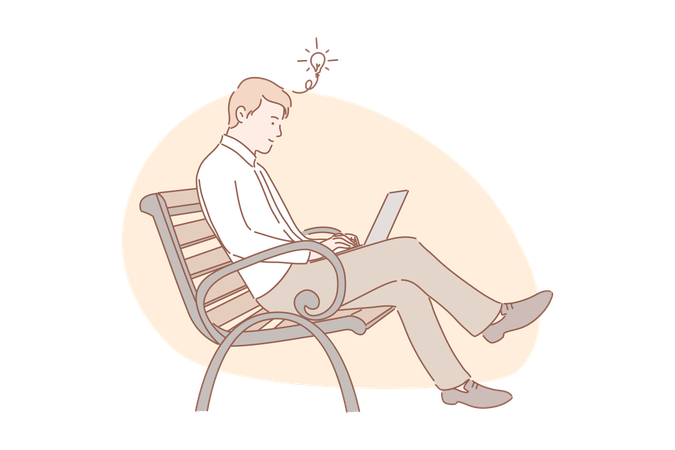 Homme d'affaires assis sur un banc et travaillant sur un ordinateur portable  Illustration