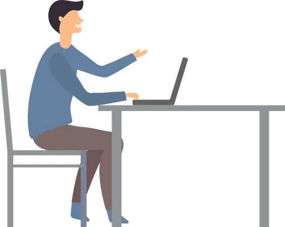 Homme d'affaires assis sur un bureau et travaillant sur un ordinateur portable  Illustration